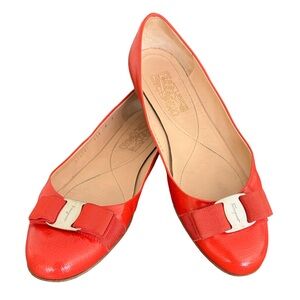 Salvatore Ferragamo Varina Patent Flats Leather Bow Detail Red Coral Flat Shoes
